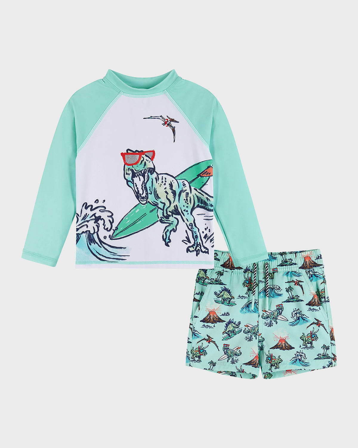 Andy & Evan Kids' Boy's Graphic Dinosaur Rashguard & Shorts In Green