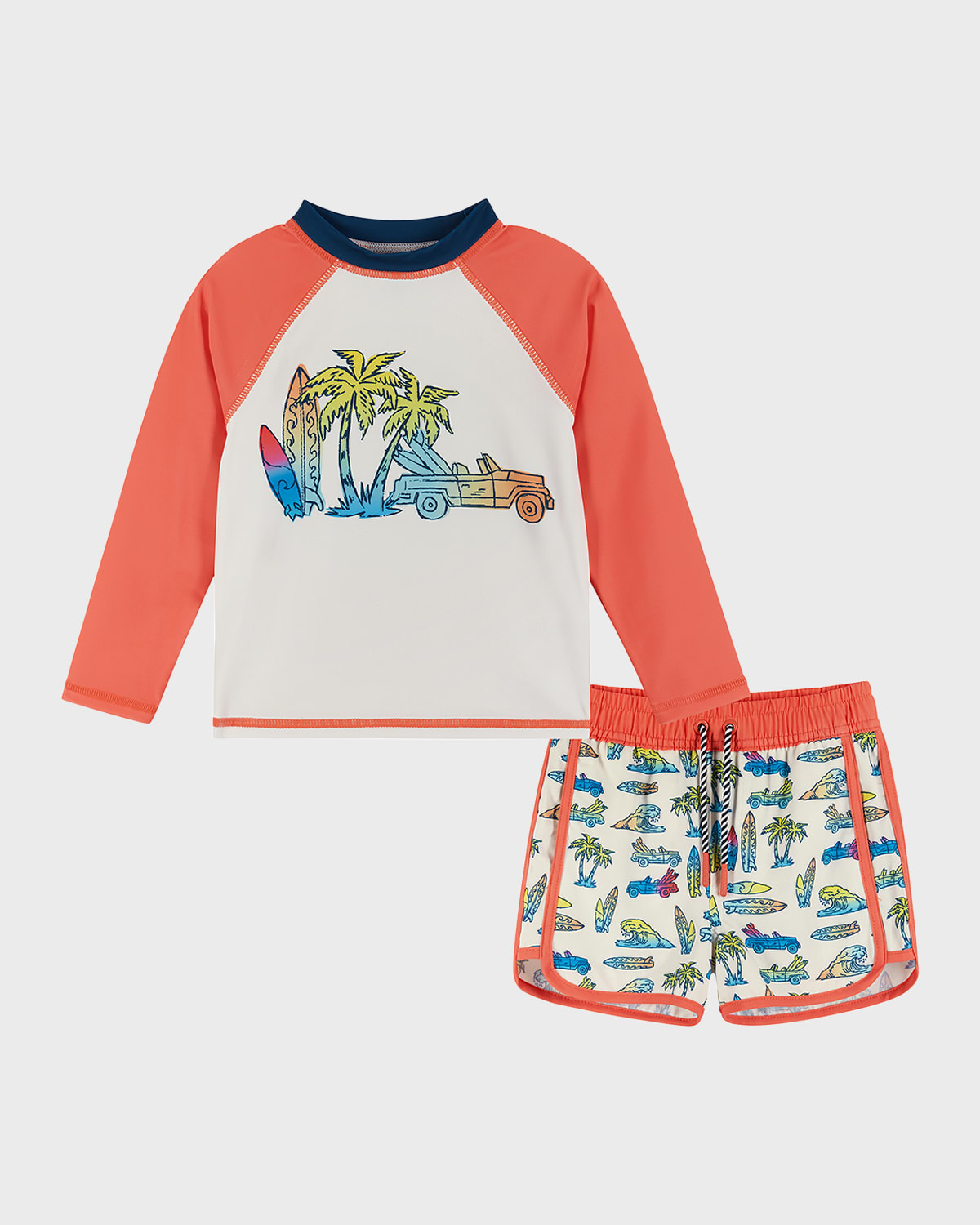 Shop Andy & Evan Boy's Graphic Rashguard & Shorts Set In Orange Surf