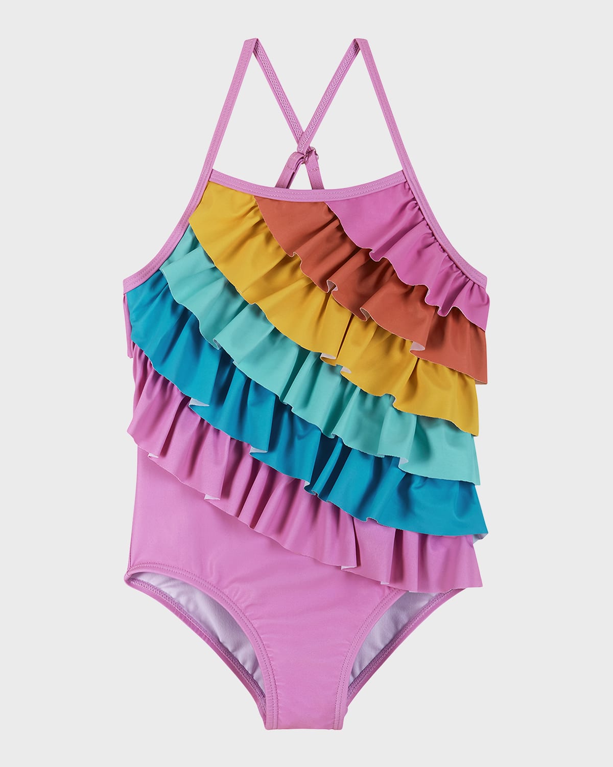 Shop Andy & Evan Girl's Multicolor Ruffle One-piece Swimsuit In Purple Rainbow