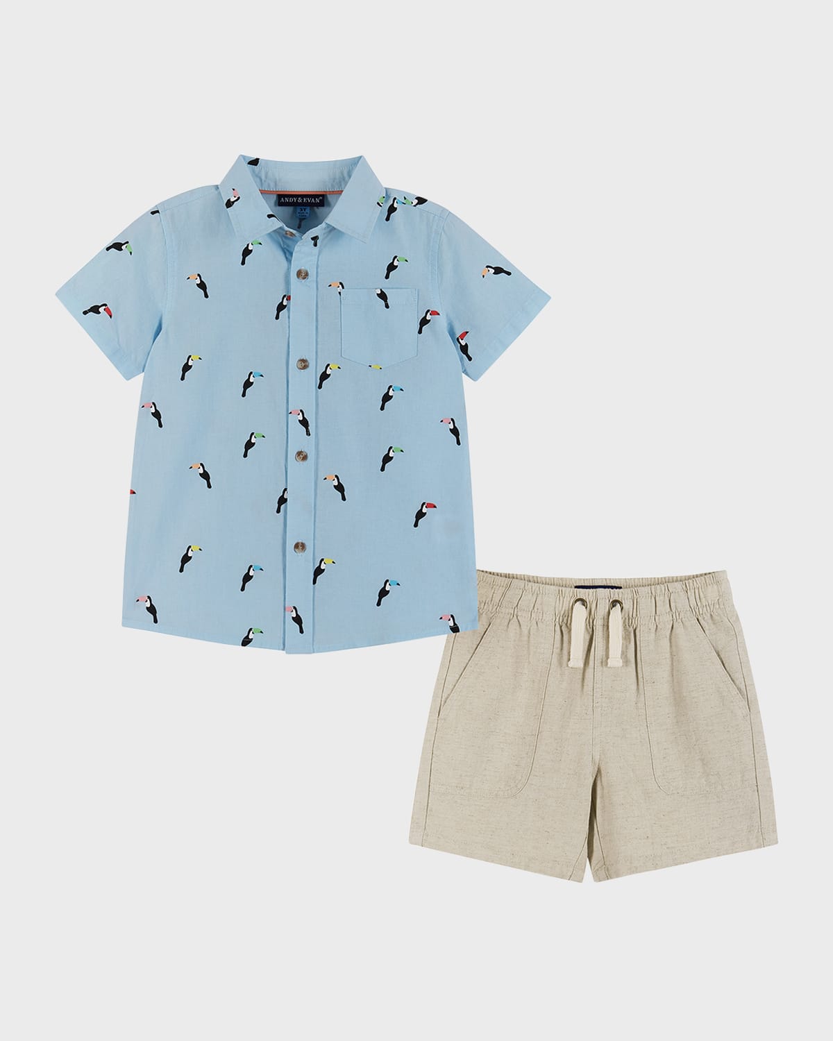 Shop Andy & Evan Boy's Parrot-print Button Down Shirt & Shorts Set In Blue Toucan