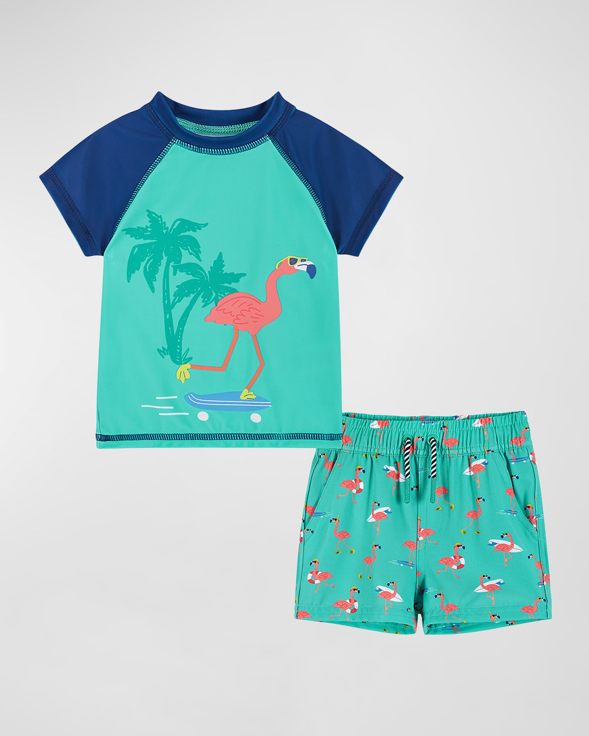 Andy & Evan Kids' Boy's Graphic Two-piece Rashguard Set In Aqua Flamingo