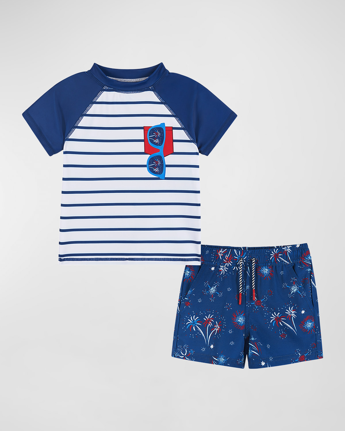 Andy & Evan Kids' Little Boy's & Boy's Striped & Fireworks T-shirt & Shorts Rashguard Set In Navy Striped