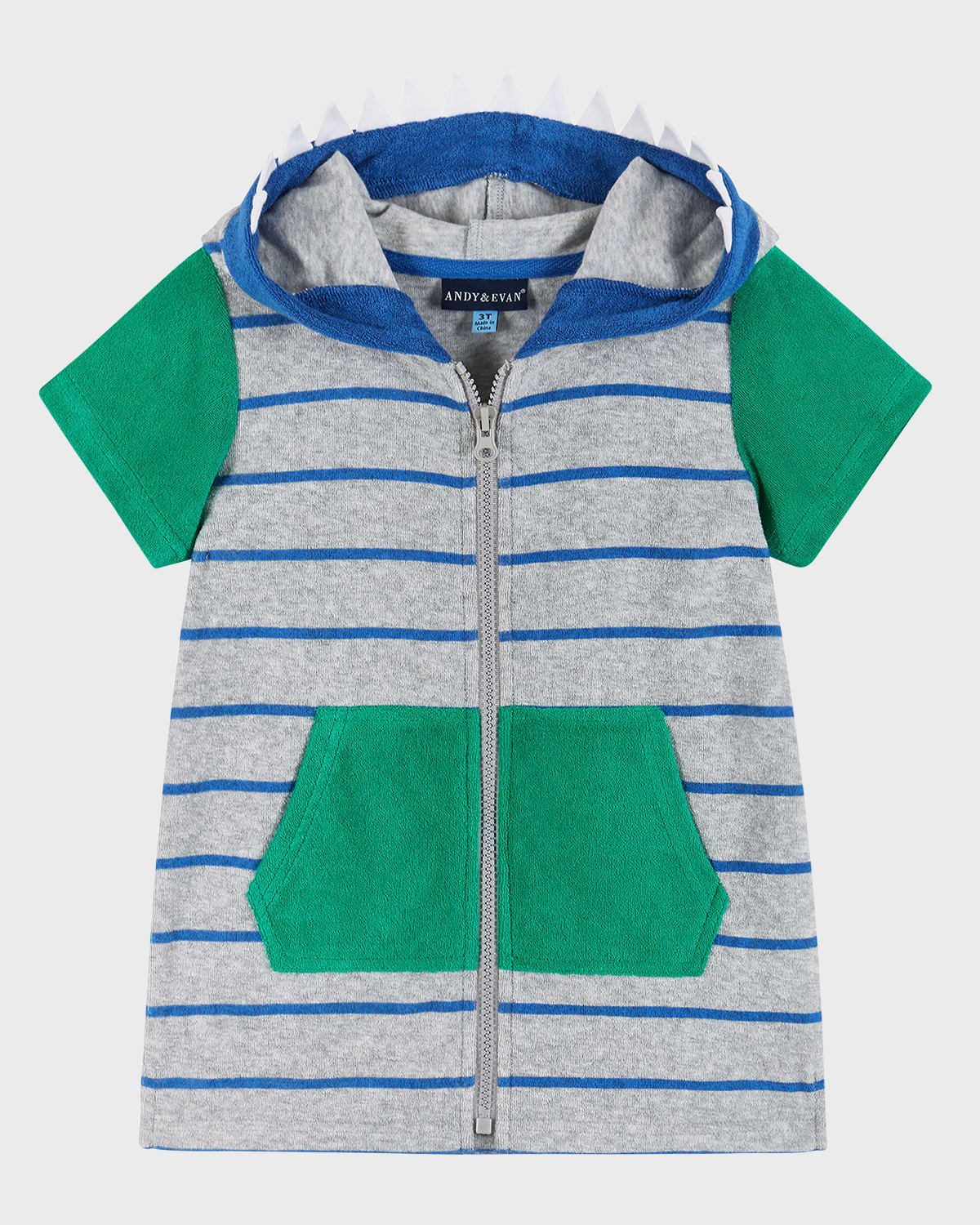Shop Andy & Evan Boy's Dinosaur Zip-front Striped Terry Hoodie Cover Up In Grey Striped