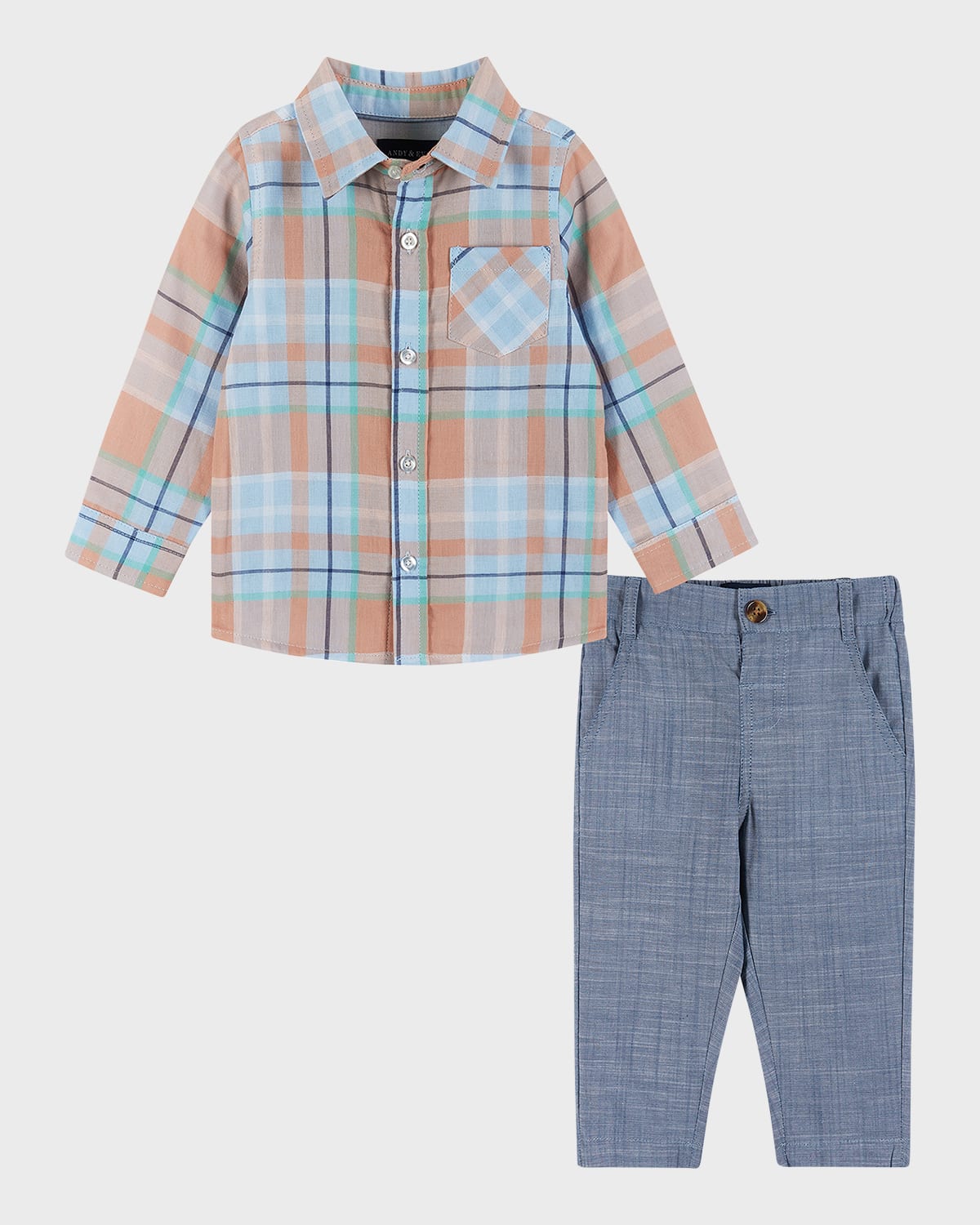 Andy & Evan Kids' Boy's Plaid Button Down Shirt W/ Bow Tie & Pants Set In Blue Plaid