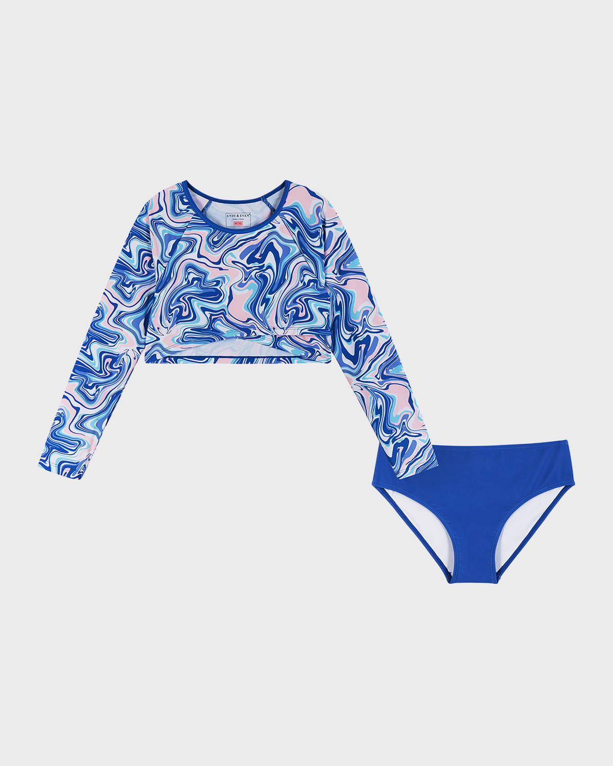 Shop Andy & Evan Girl's Printed Two-piece Cropped Rashguard Set In Blue Marble