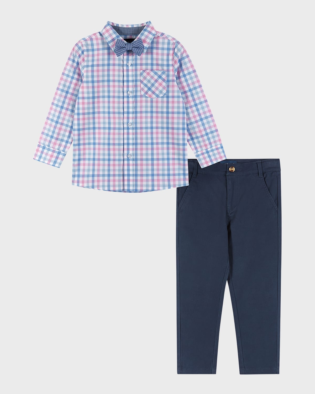 Andy & Evan Kids' Boy's Plaid Button Down Shirt W/ Bow Tie & Pants Set In Blue