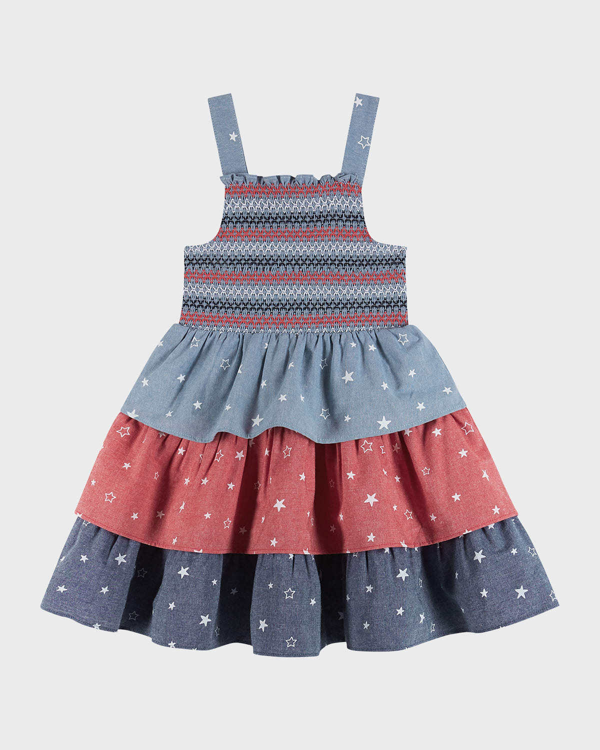 Shop Andy & Evan Girl's Tiered Star-print Dress In Chambray Stars