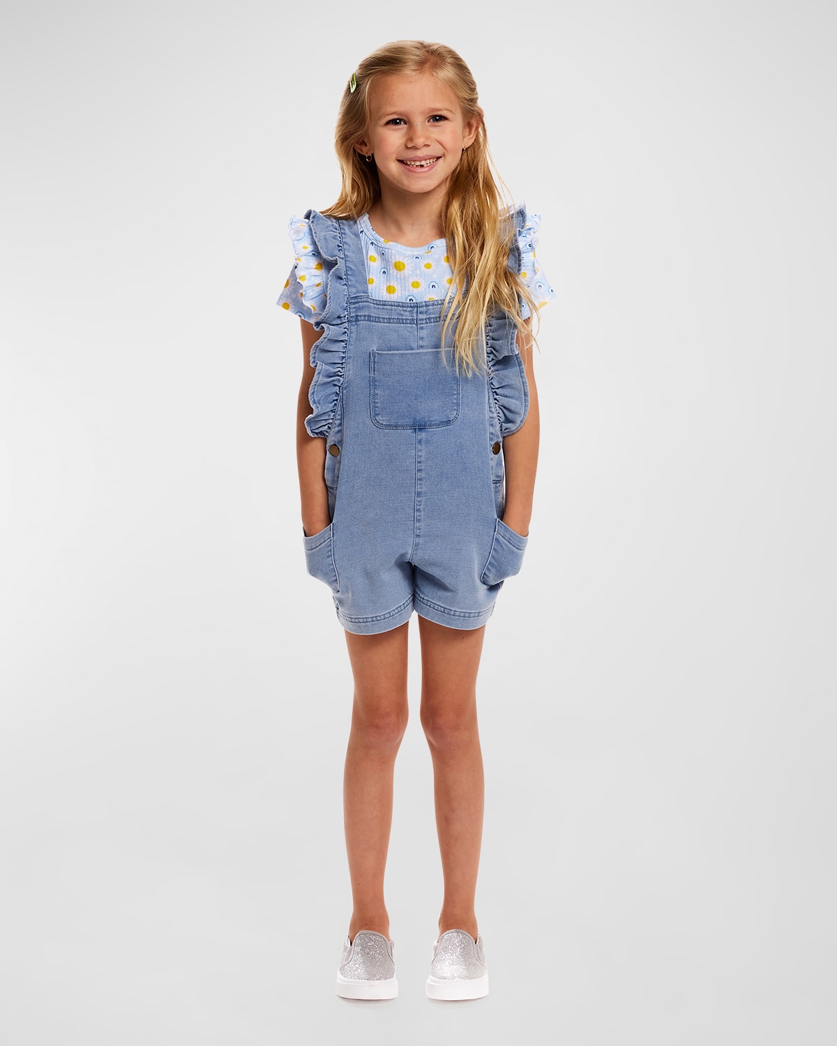 Andy & Evan Kids' Girls Daisy-print Top W/ Denim Dungarees Set In Blue Daisy