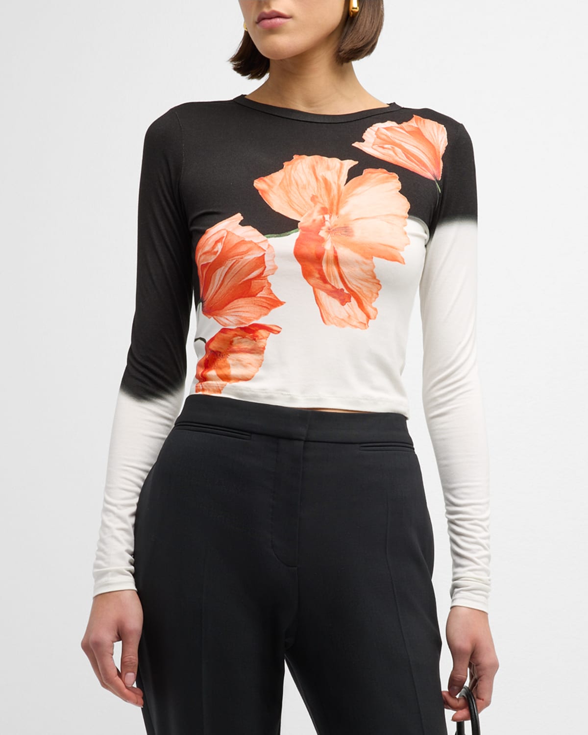 Shop Alice And Olivia Delaina Floral Two-tone Long-sleeve Top In Dream Life Black