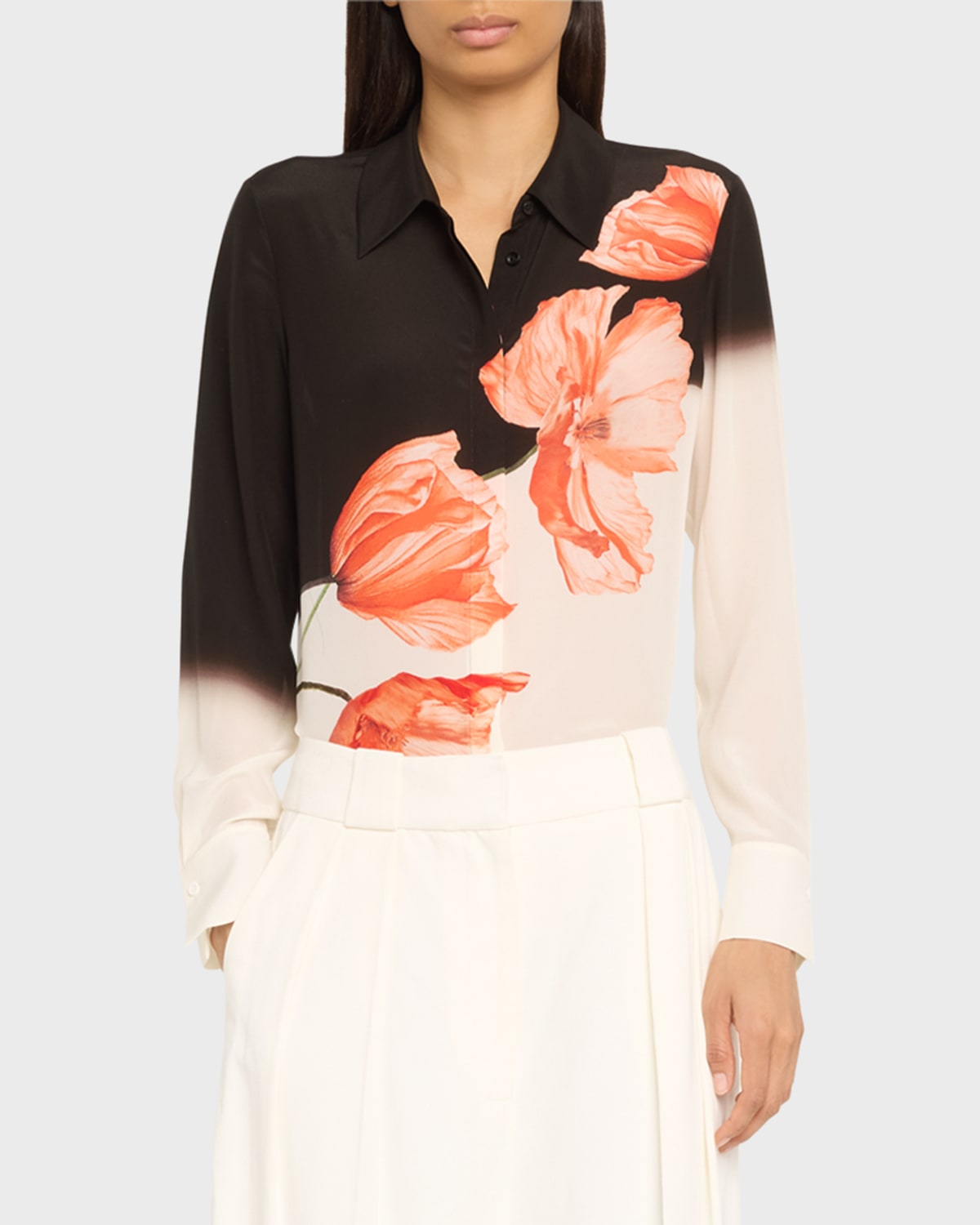 Shop Alice And Olivia Brady Two-tone Floral Oversized Button-front Silk Blouse In Dream Life Black
