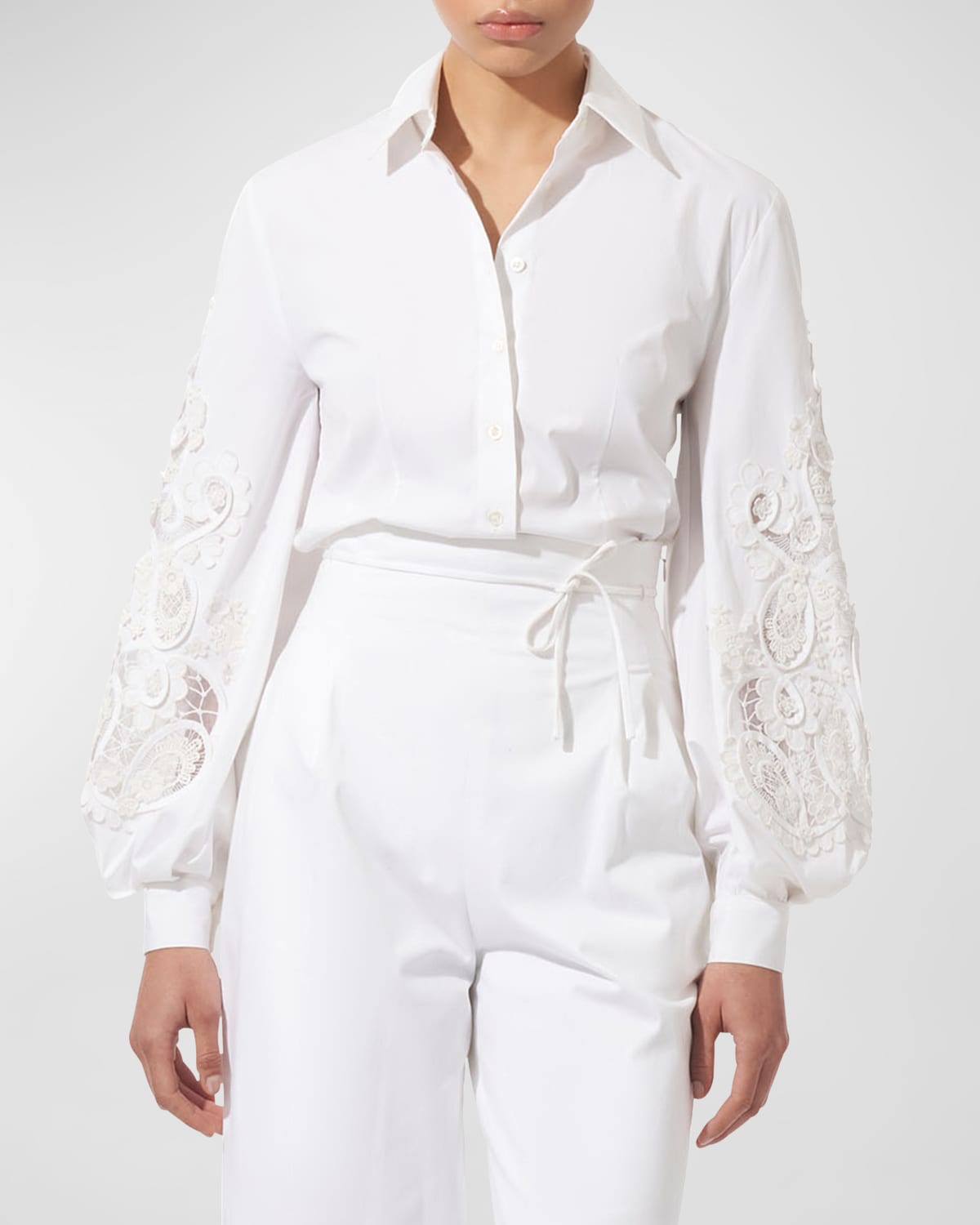 Shop Carolina Herrera Embroidered Puff-sleeve Button-front Blouse In White