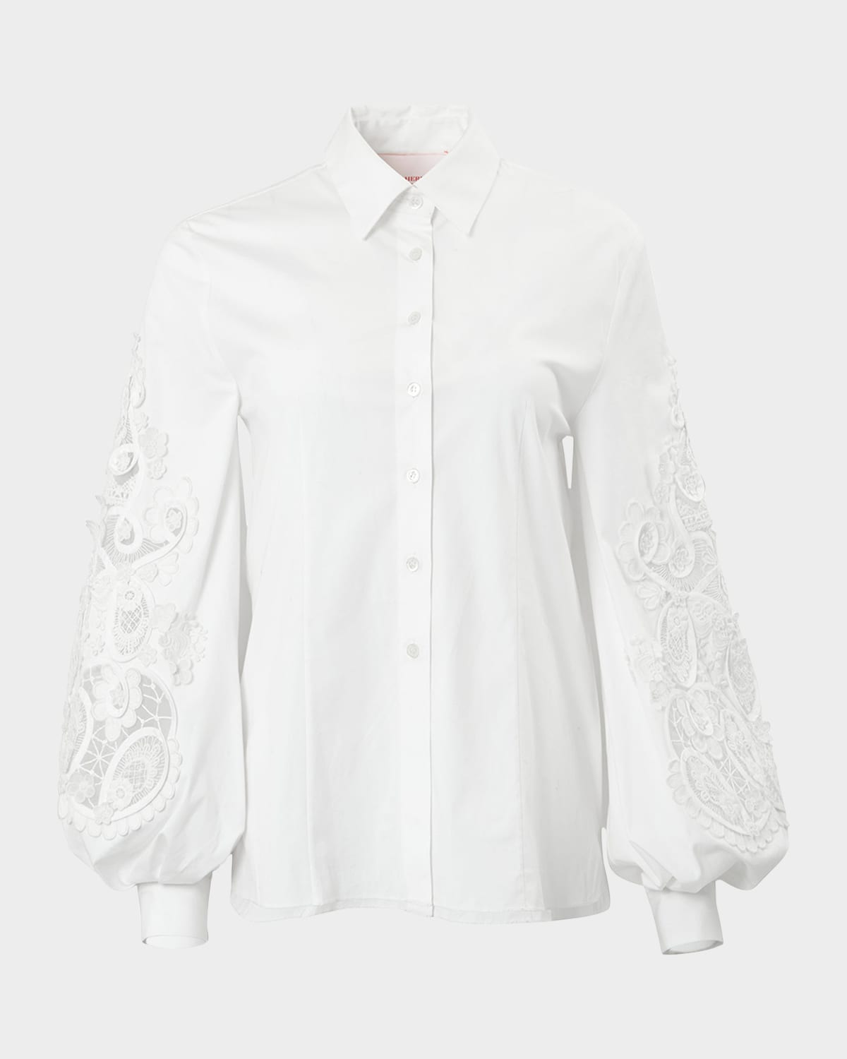 Embroidered Puff-Sleeve Button-Front Blouse