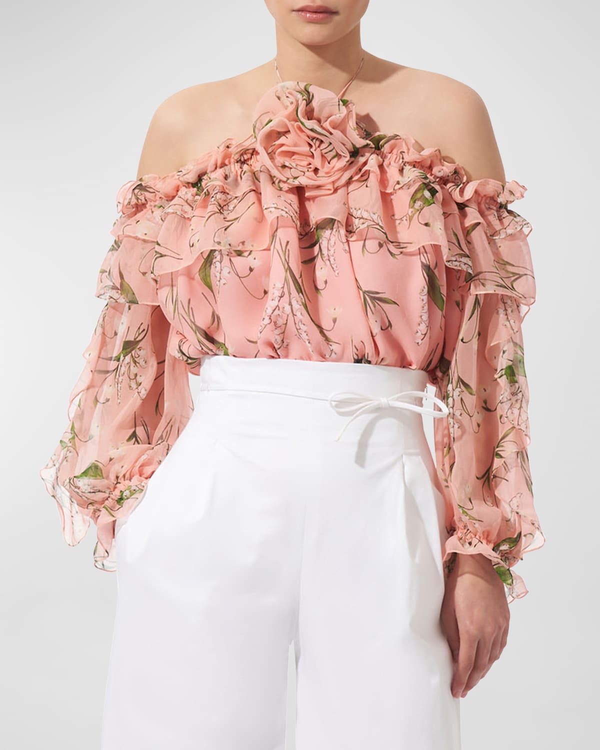 Shop Carolina Herrera Rose Halter Ruffle Long-sleeve Silk Top In Shell Pink Multi