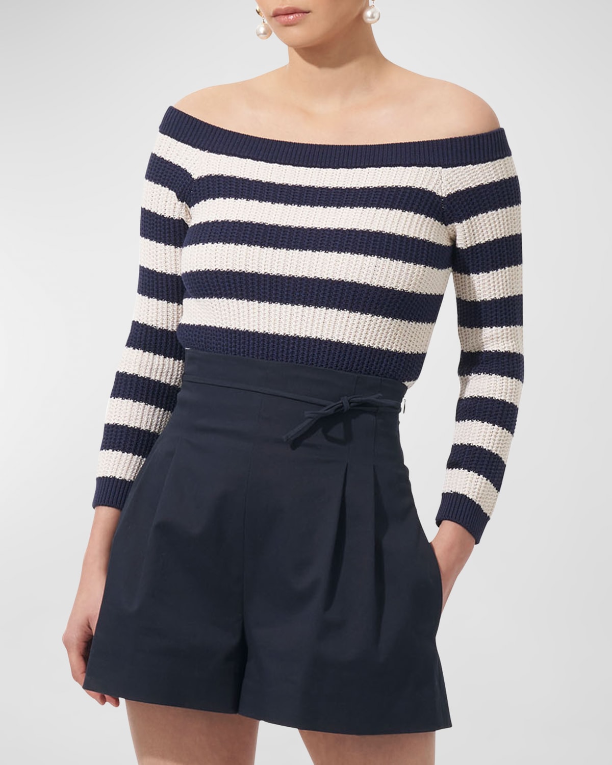 Shop Carolina Herrera Off-the-shoulder Long-sleeve Striped Knit Top In White Multi