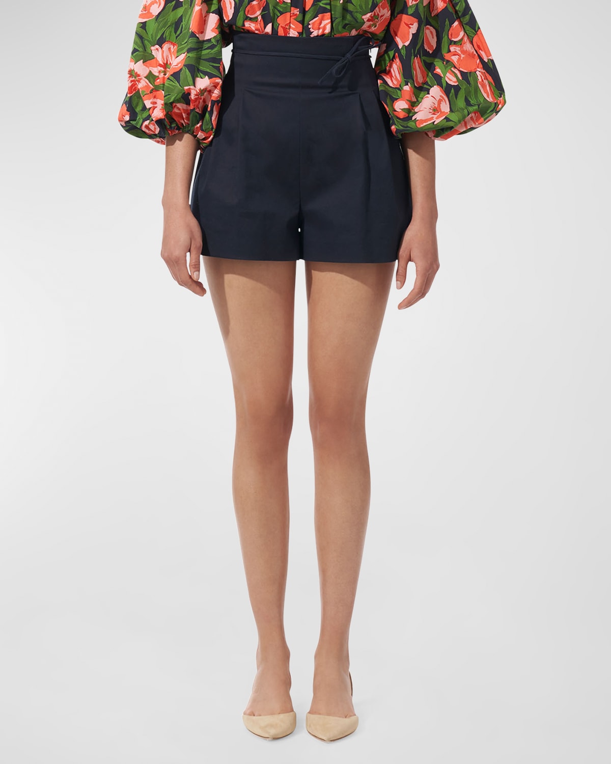 Shop Carolina Herrera High-rise Pleated Waist-tie Shorts In Midnight
