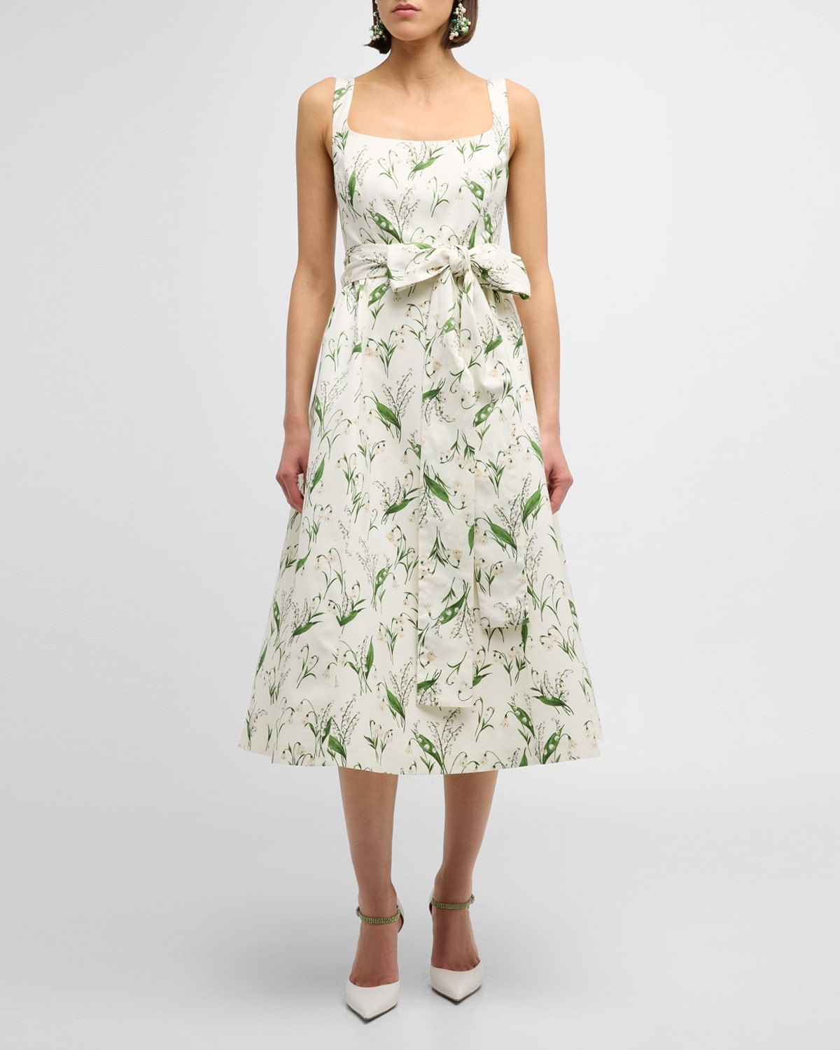 Shop Carolina Herrera Floral Print Midi Dress With Sash Belt In White Multi