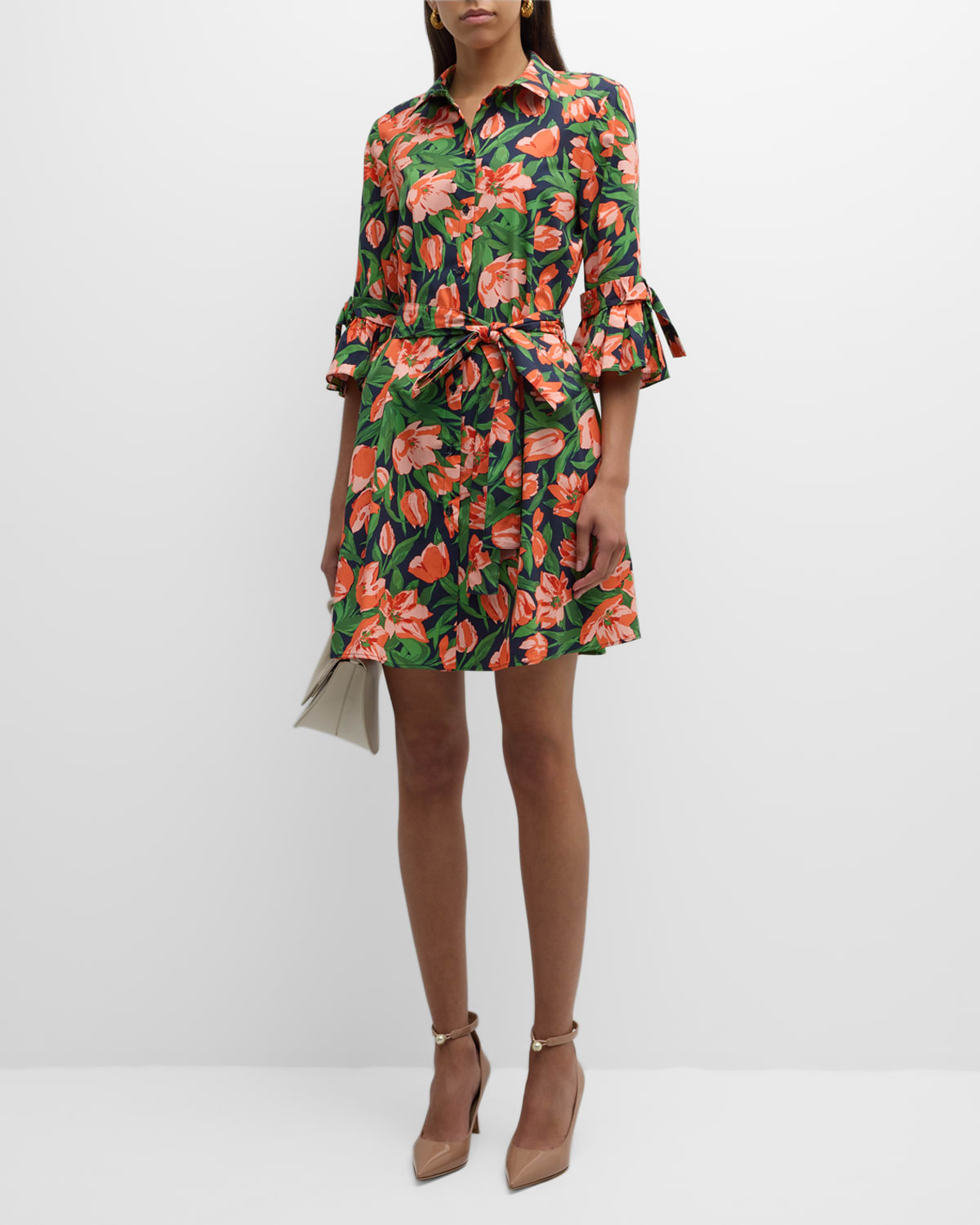 Belted Mini Shirtdress with Bow Flounce Sleeves