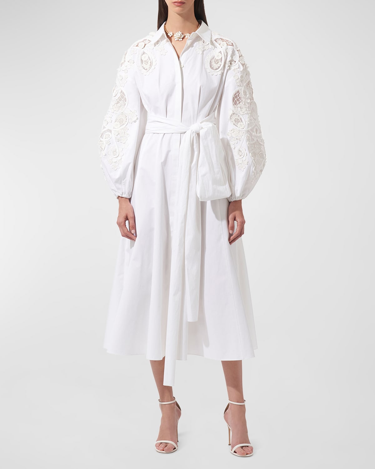 Shop Carolina Herrera Lace Embroidered Balloon-sleeve Midi Shirtdress In White