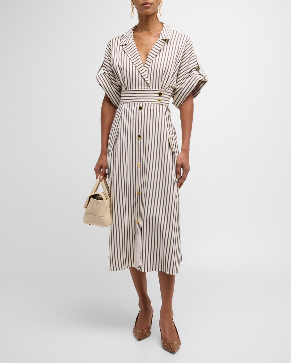 Shop Carolina Herrera Striped Belted Shirtdress With Gold-tone Buttons In Ecru Multi