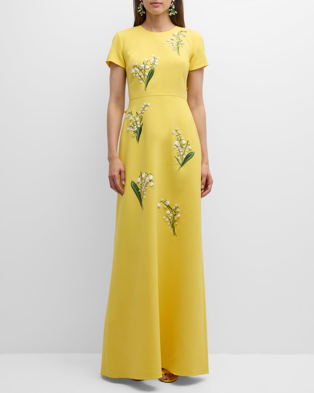 Shop Carolina Herrera Floral Embroidered Gown With Back Bows In Sunshine Yellow Multi