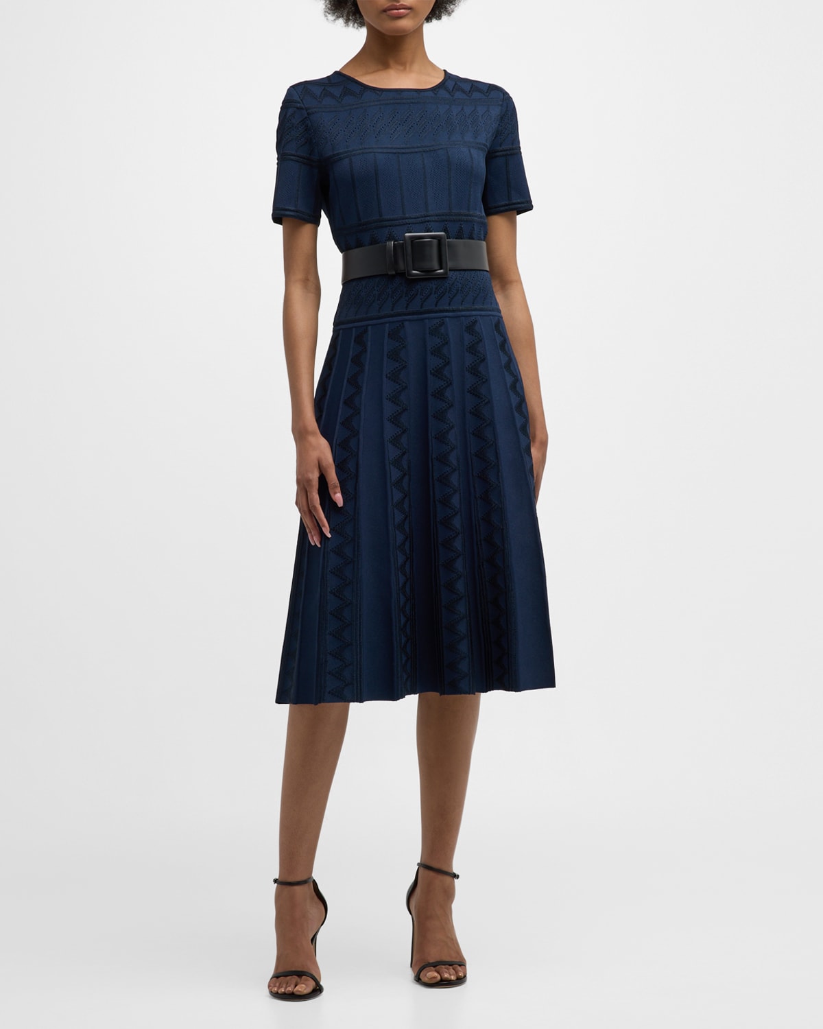 Shop Carolina Herrera Short-sleeve Pointelle Pleated Knit Dress In Midnight
