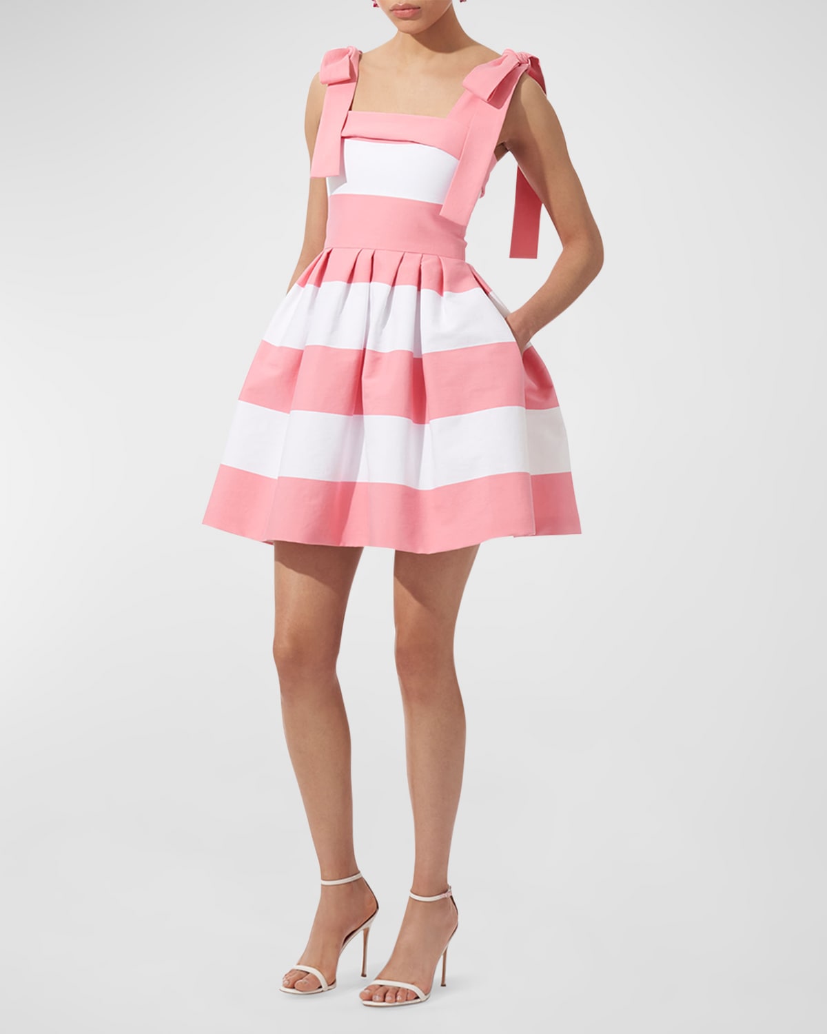 Shop Carolina Herrera Striped Bow-strap Mini Dress In Shell Pink Multi