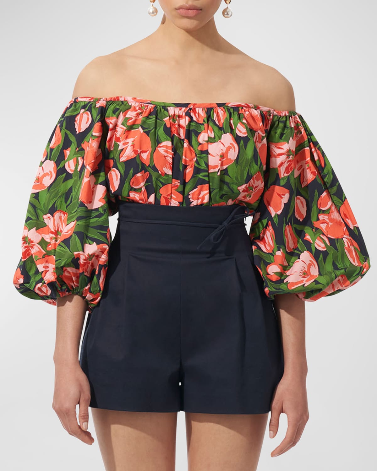 Shop Carolina Herrera Floral-print Off-the-shoulder Puff-sleeve Top In Midnight Multi
