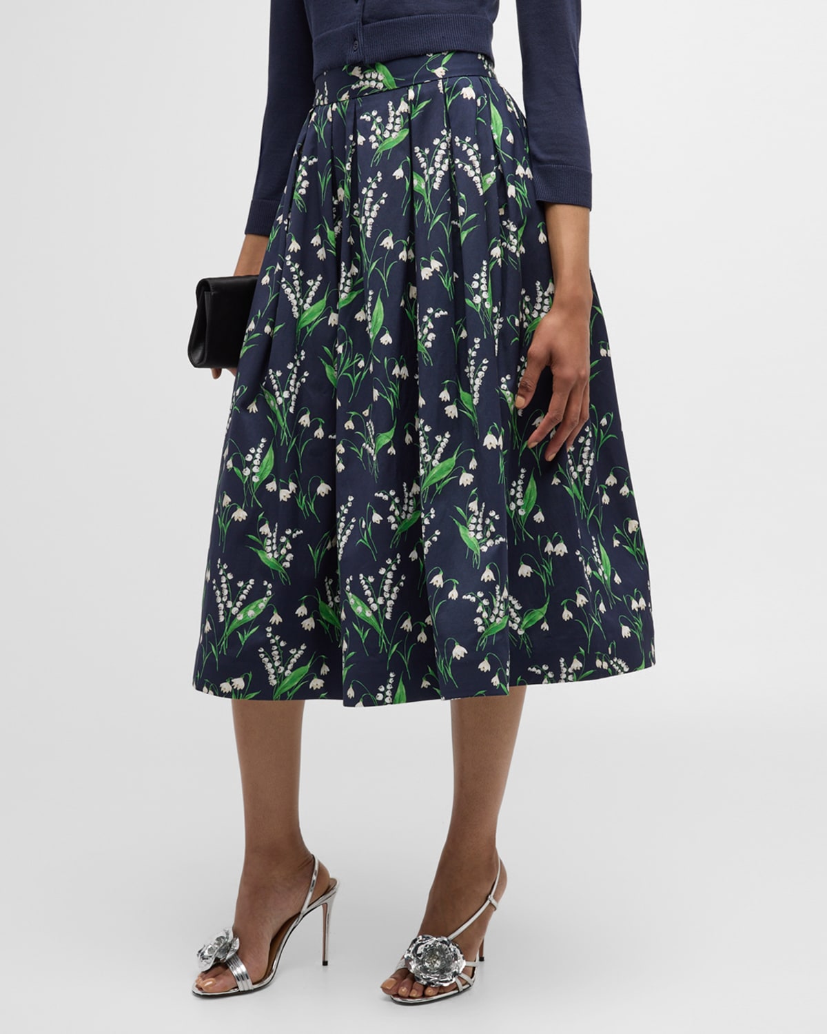 Shop Carolina Herrera Floral-print Pleated Full Midi Skirt In Midnight Multi