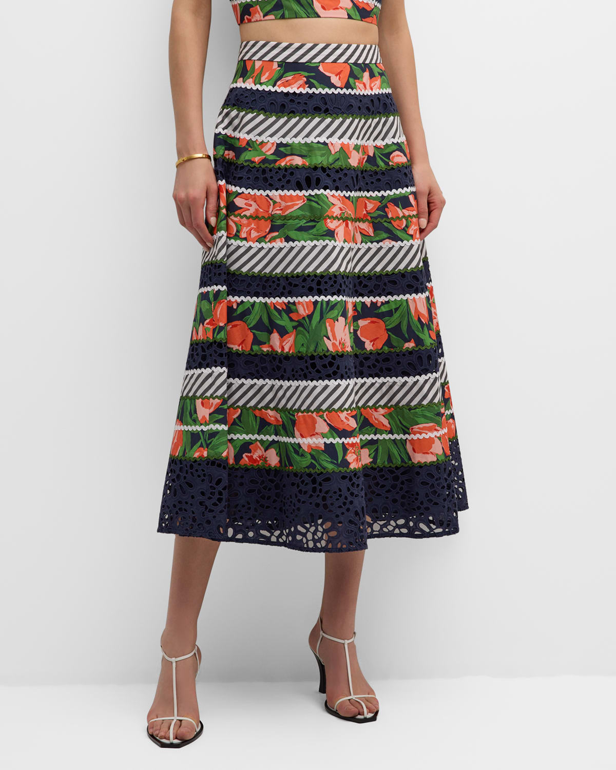 Shop Carolina Herrera Floral And Striped Circle Skirt With Embroidered Detail In Midnight Multi