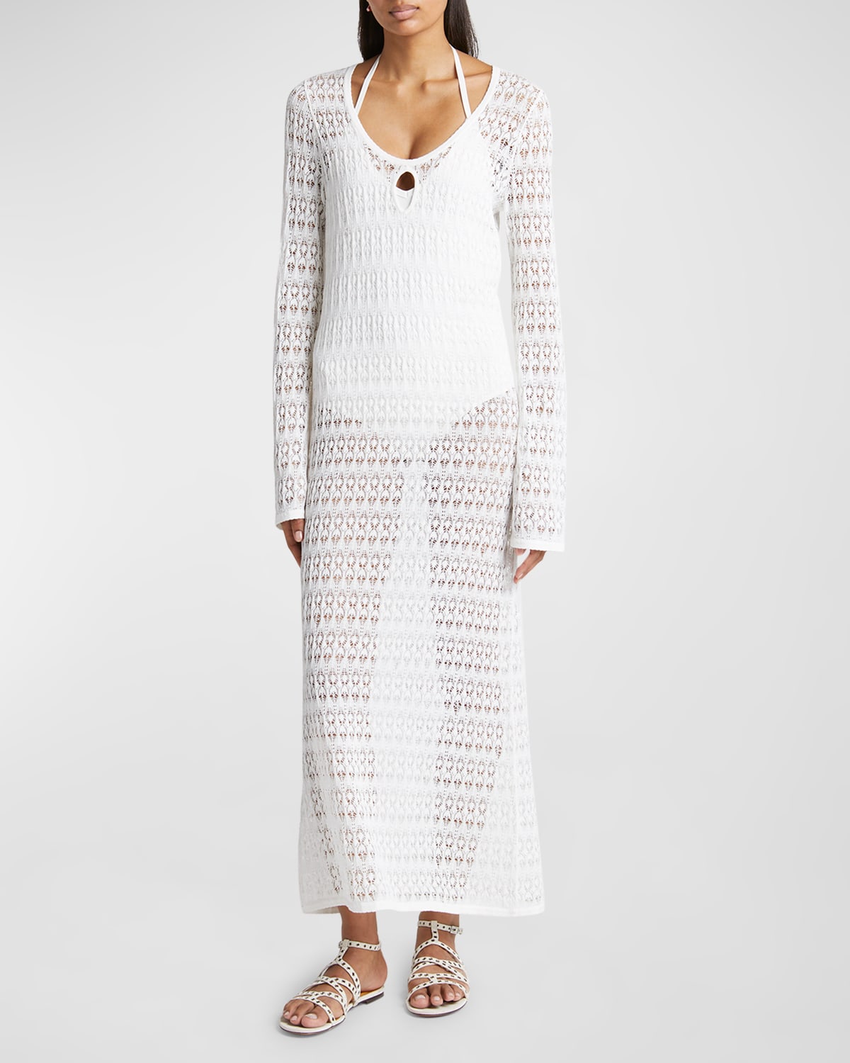 Poros Scoop-Neck Long-Sleeve Crochet Knit Maxi Dress