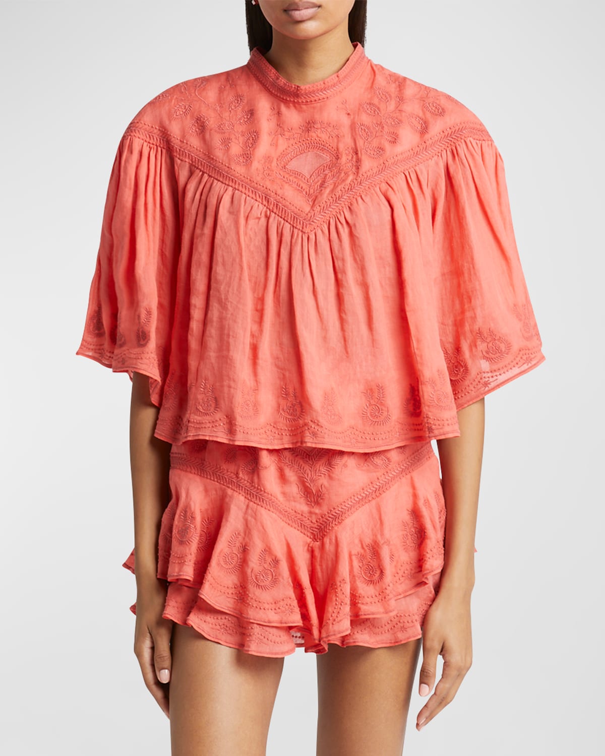 Isabel Marant Elodia Embroidered V-yoke Short-sleeve Boxy Blouse In Pink