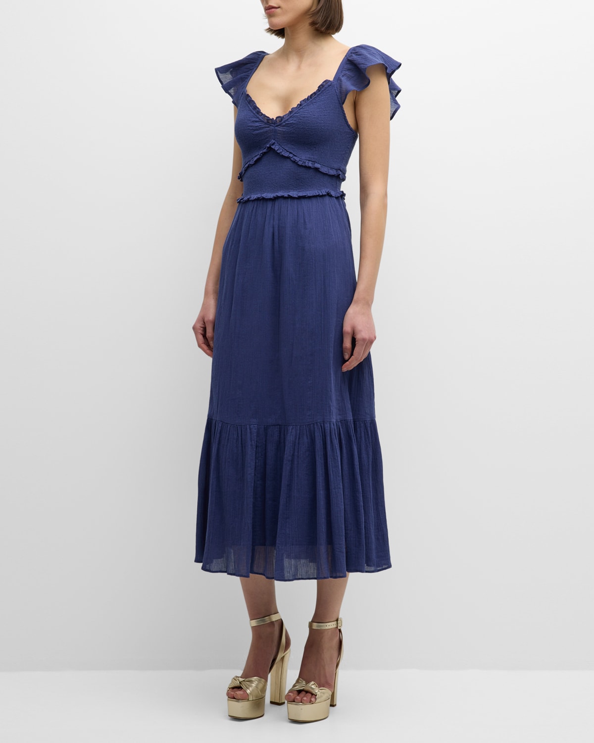 Shop Loveshackfancy Katina Flutter-sleeve Ruffle-trim Cotton Midi Dress In Midnight
