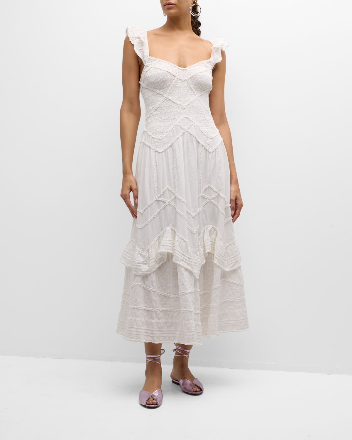 Shop Loveshackfancy Brin Ruffle-trim Smocked Cotton Midi Dress In Bright White