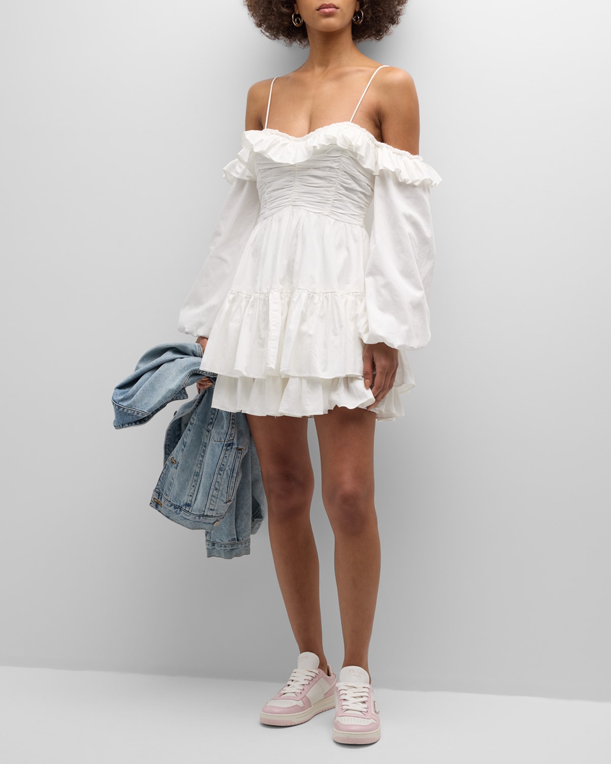 Zennia Off-Shoulder Tiered Cotton Poplin Blouson-Sleeve Mini Dress
