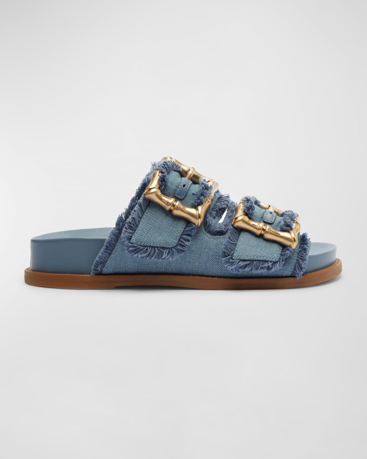 Schutz Enola Frayed Dual-buckle Slide Sandals In Summer Jeans