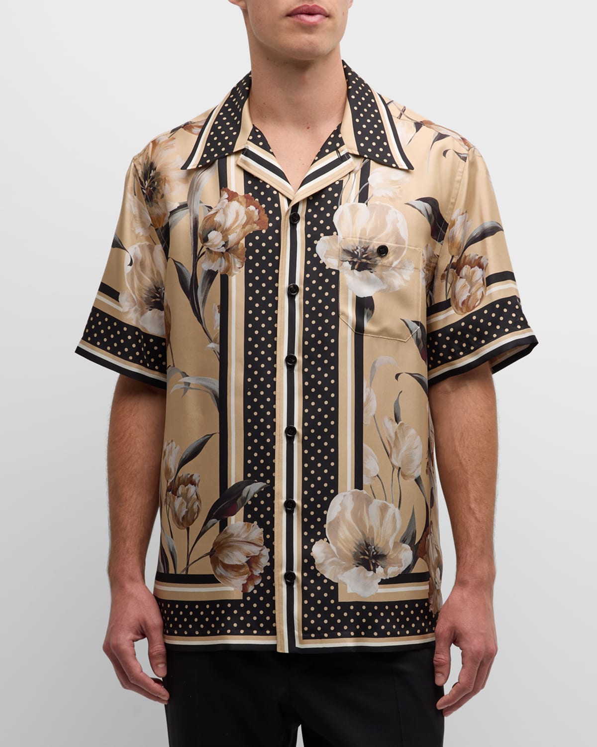 Shop Dolce & Gabbana Men's Silk Twill Floral Polka Dot Camp Shirt In Miscellan