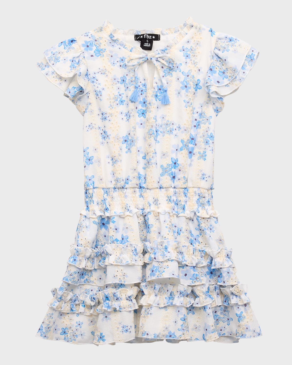 Shop Flowers By Zoe Girl's Floral Tiered Short-sleeve Dress In Blue