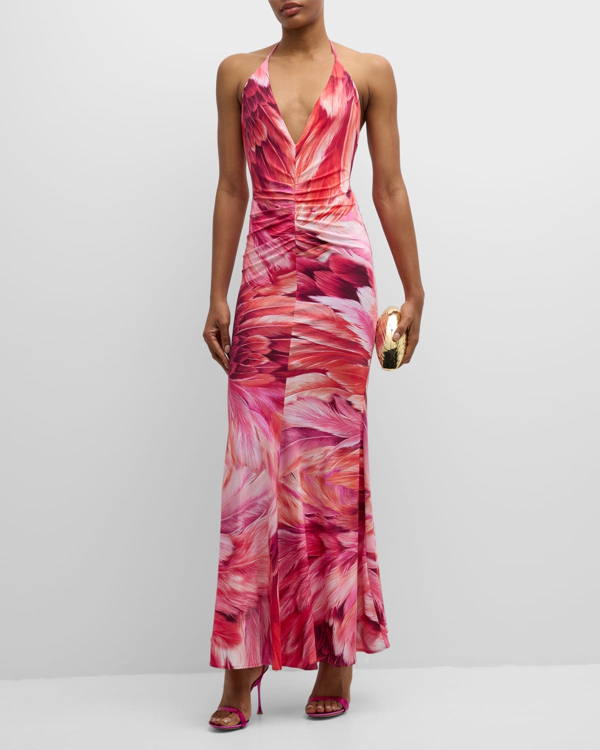 Roberto Cavalli Feather-print Ruched Plunging Halter Gown In Peonia