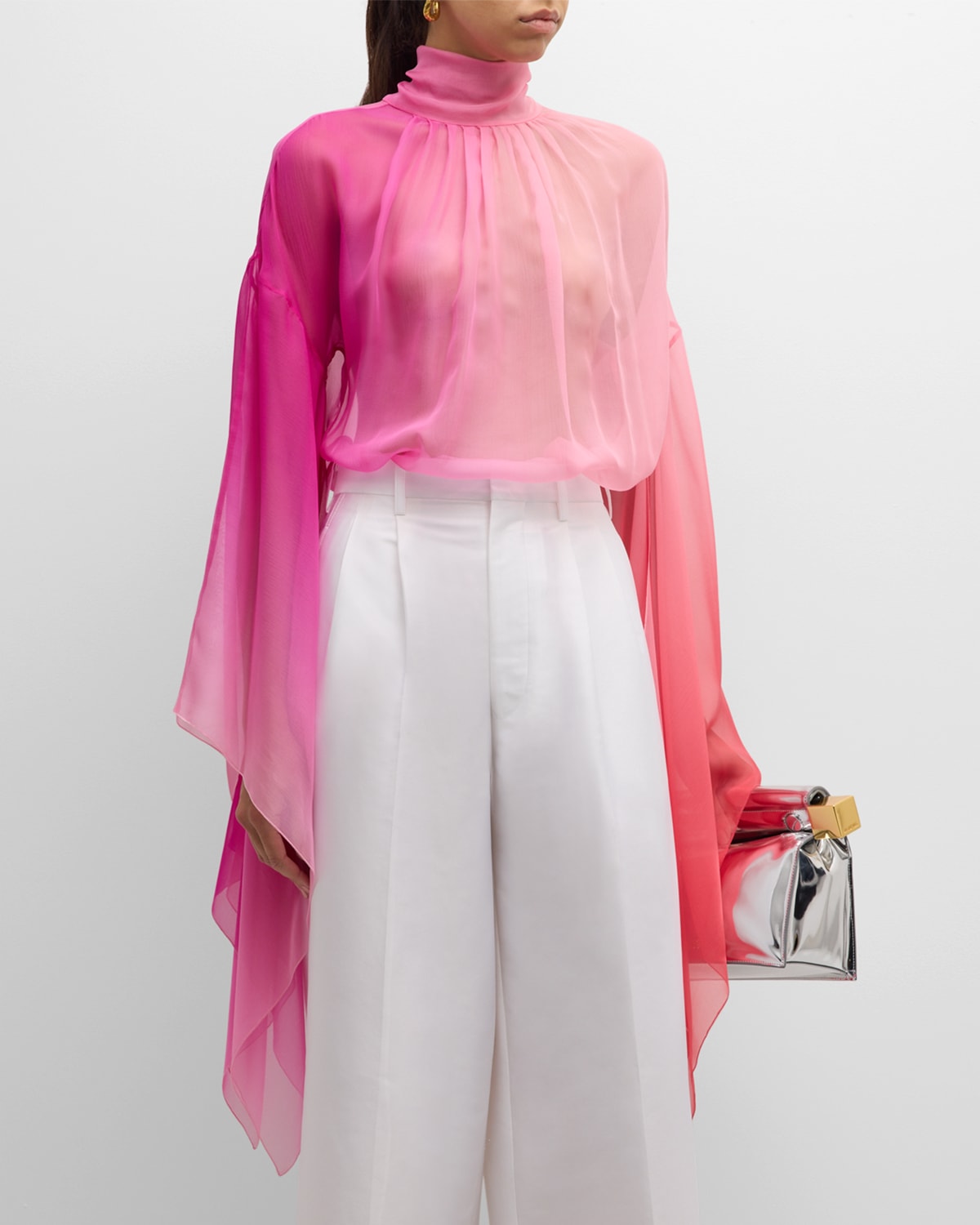 Roberto Cavalli Mock-neck Bell-sleeve Ombre Silk Shirt In Pink