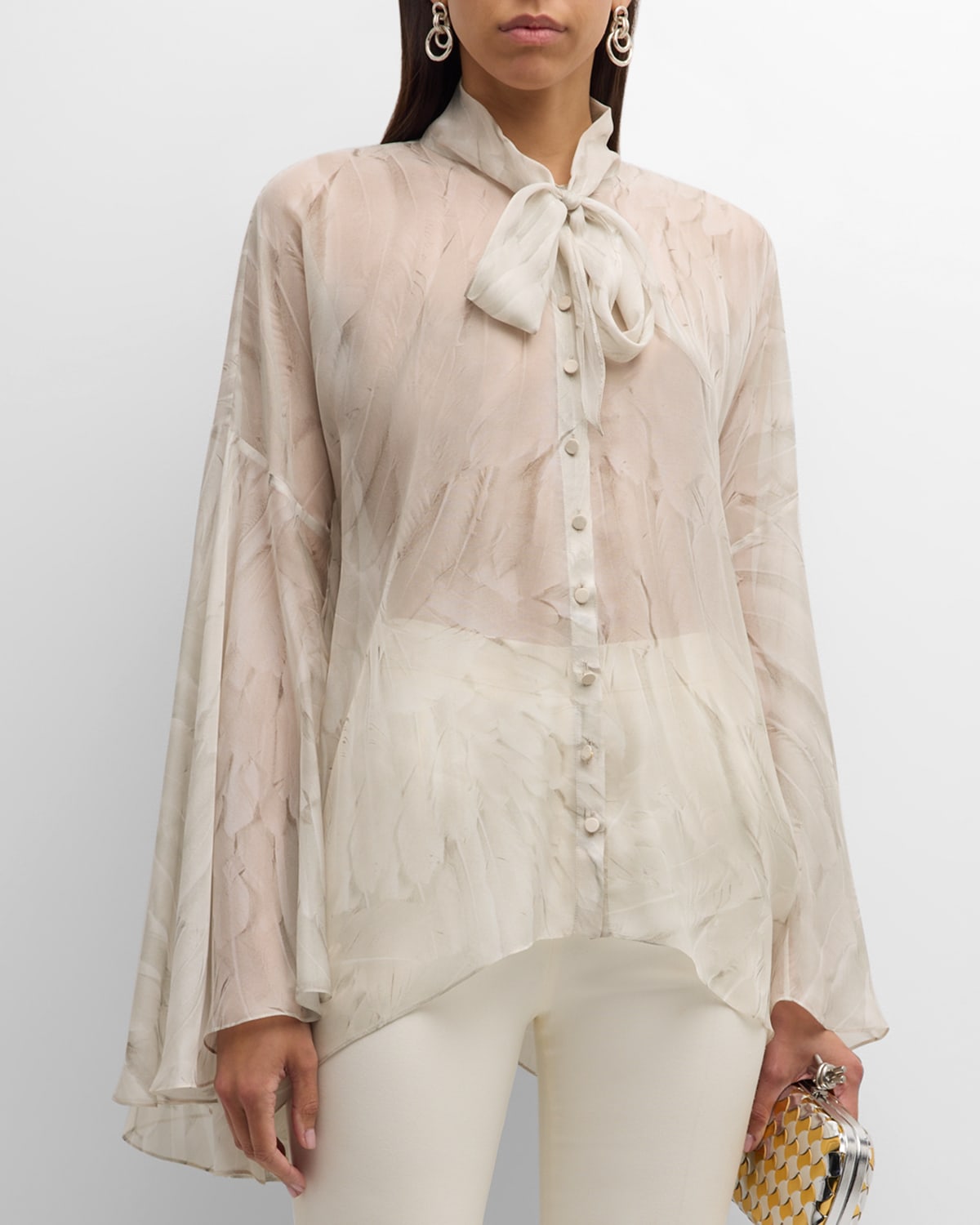 Shop Roberto Cavalli Feather-print Flare-sleeve Neck-tie Chiffon Shirt In Grigio Chiaro