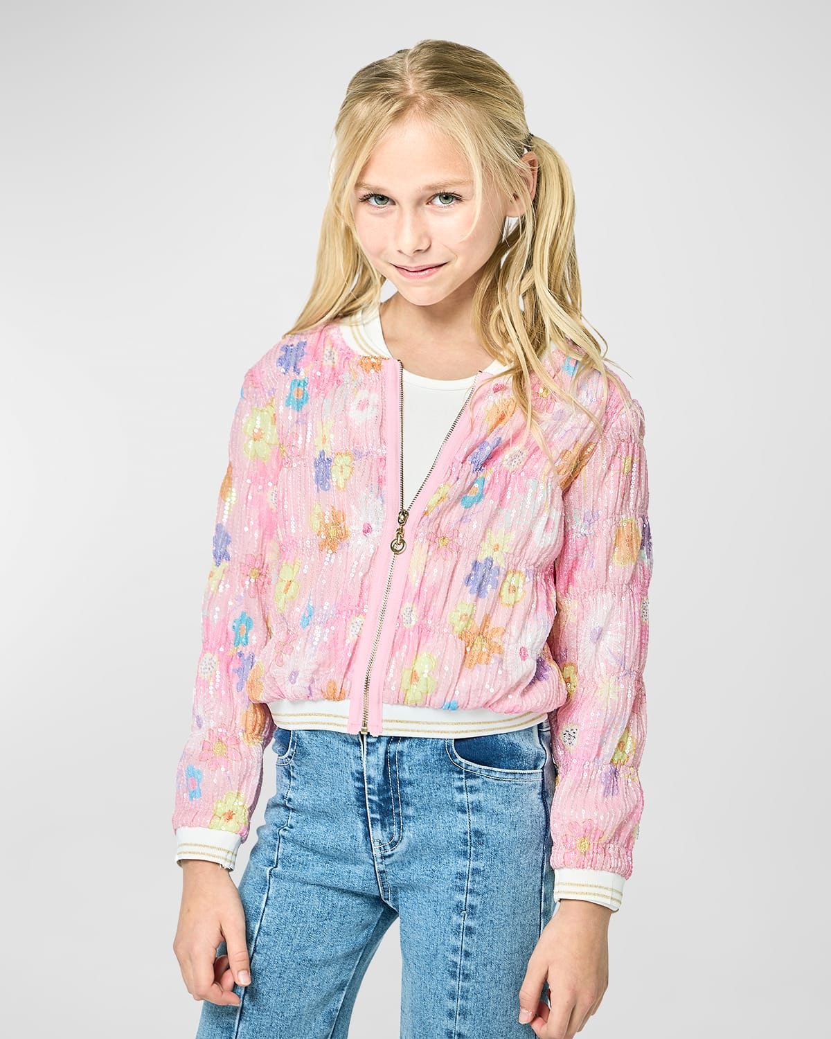 Hannah Banana Kids' Girl's Sequin Floral-print Bomber Jacket In Pink Multi