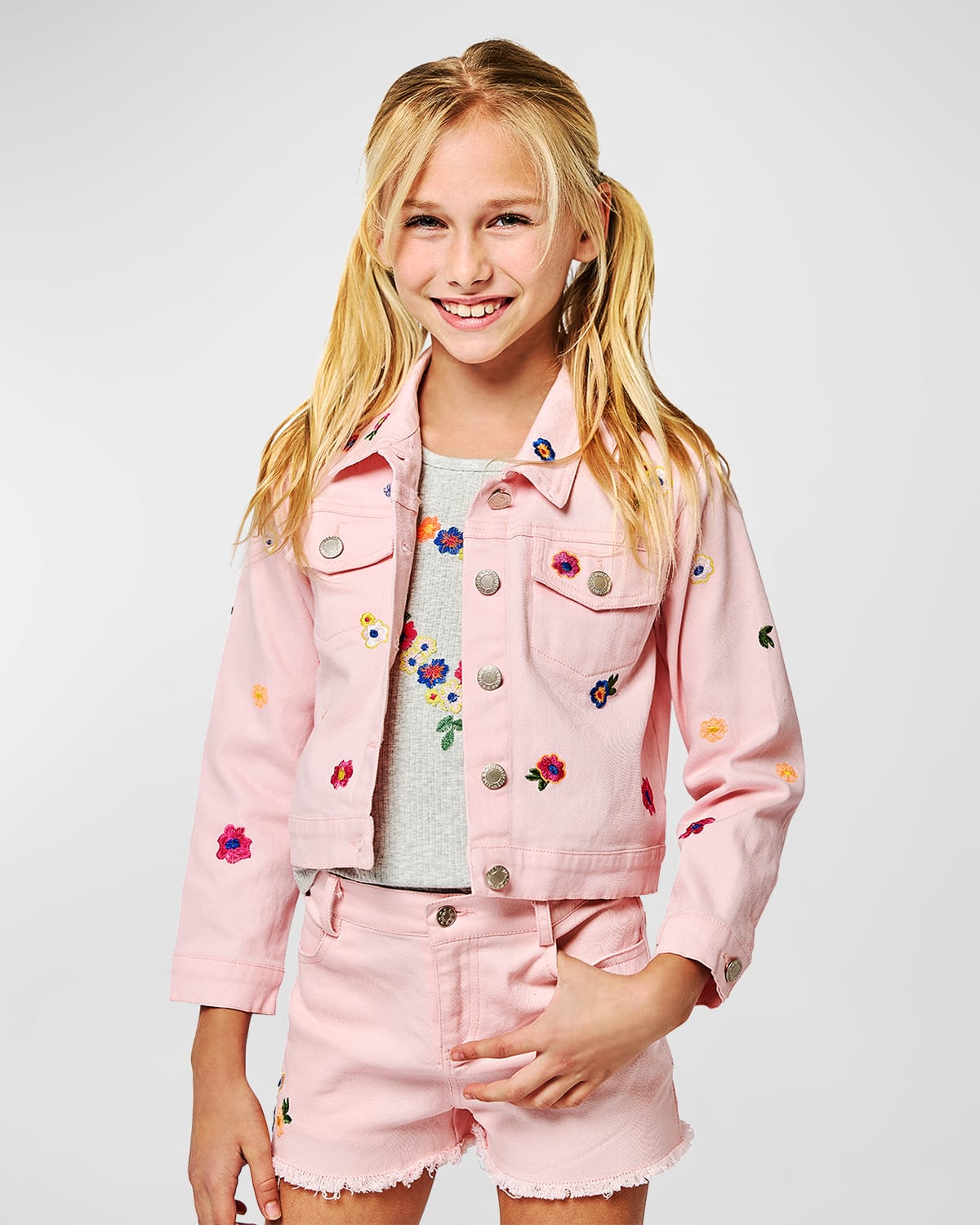 Hannah Banana Kids' Girl's Floral Embroidered Denim Jacket In Pink