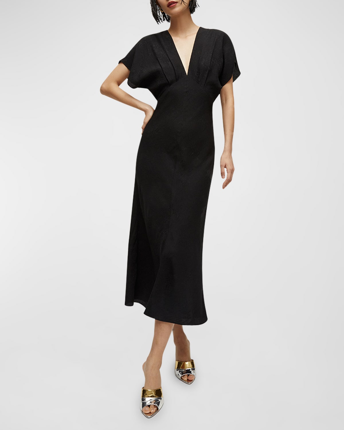 Shop Veronica Beard Seymour Short-sleeve Silk Midi Dress In Black