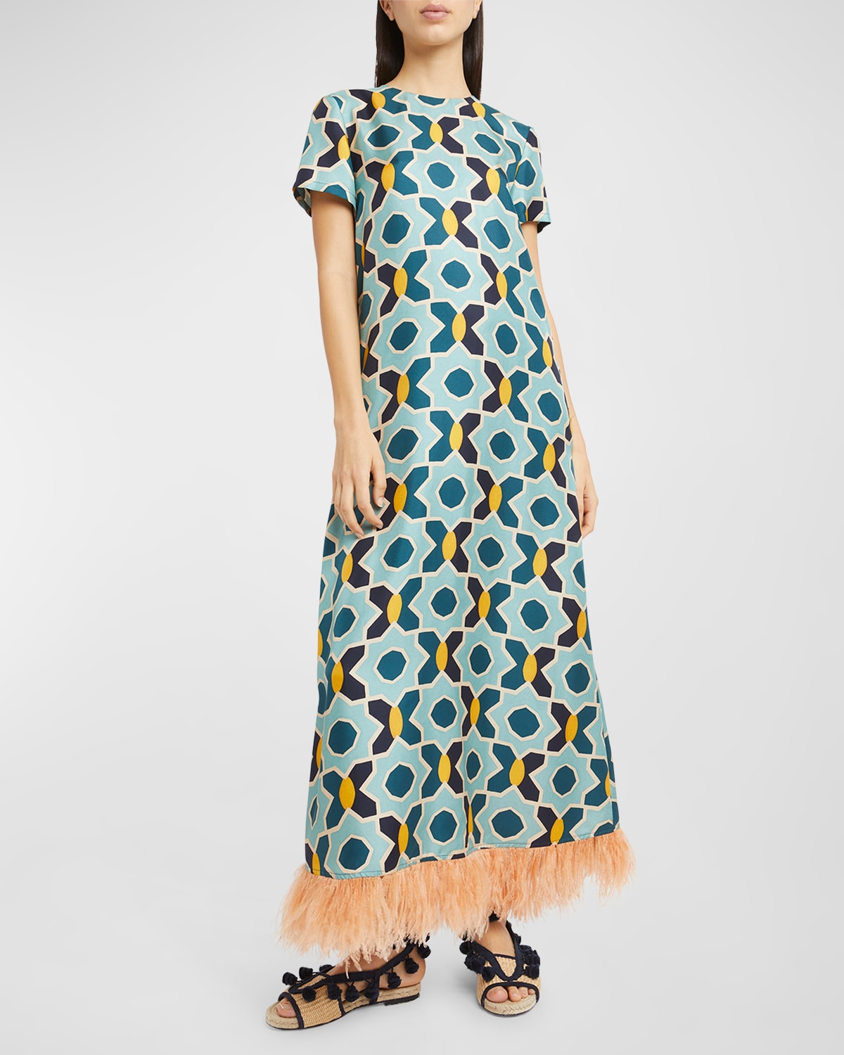 Shop La Doublej Abstract-print Short-sleeve Feather-trim Maxi Swing Dress In Turquoise Aqua