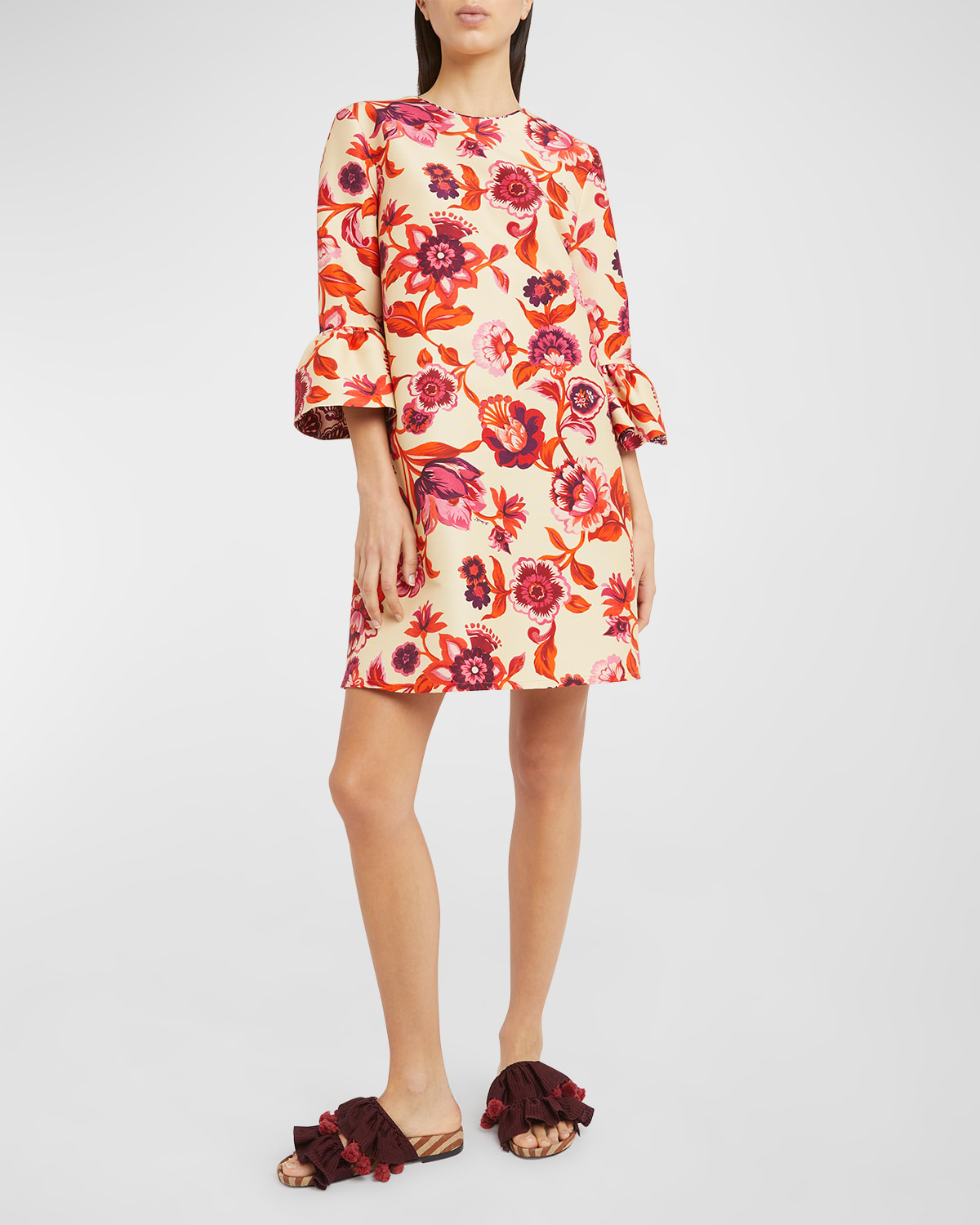 Shop La Doublej 24/7 Floral-print Ruffle 3/4-sleeve Mini Dress In Medium Pink