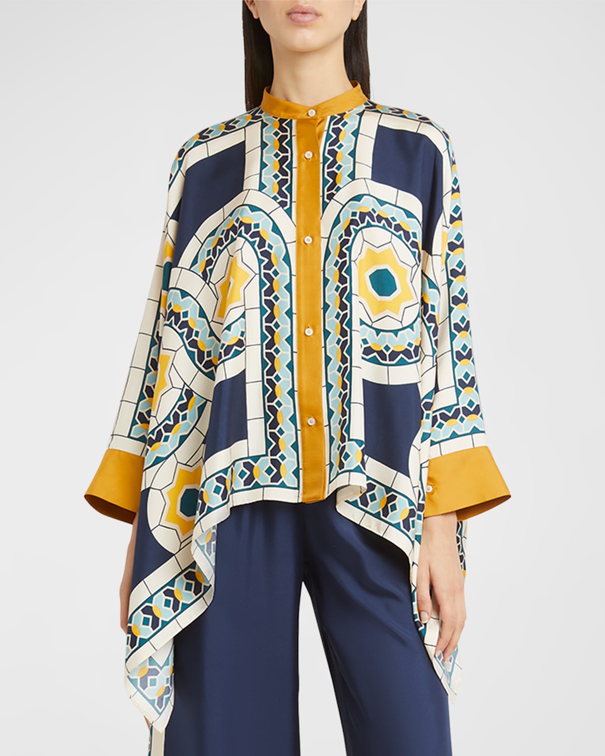 Shop La Doublej Place-print Silk Collared Foulard Shirt In Navy