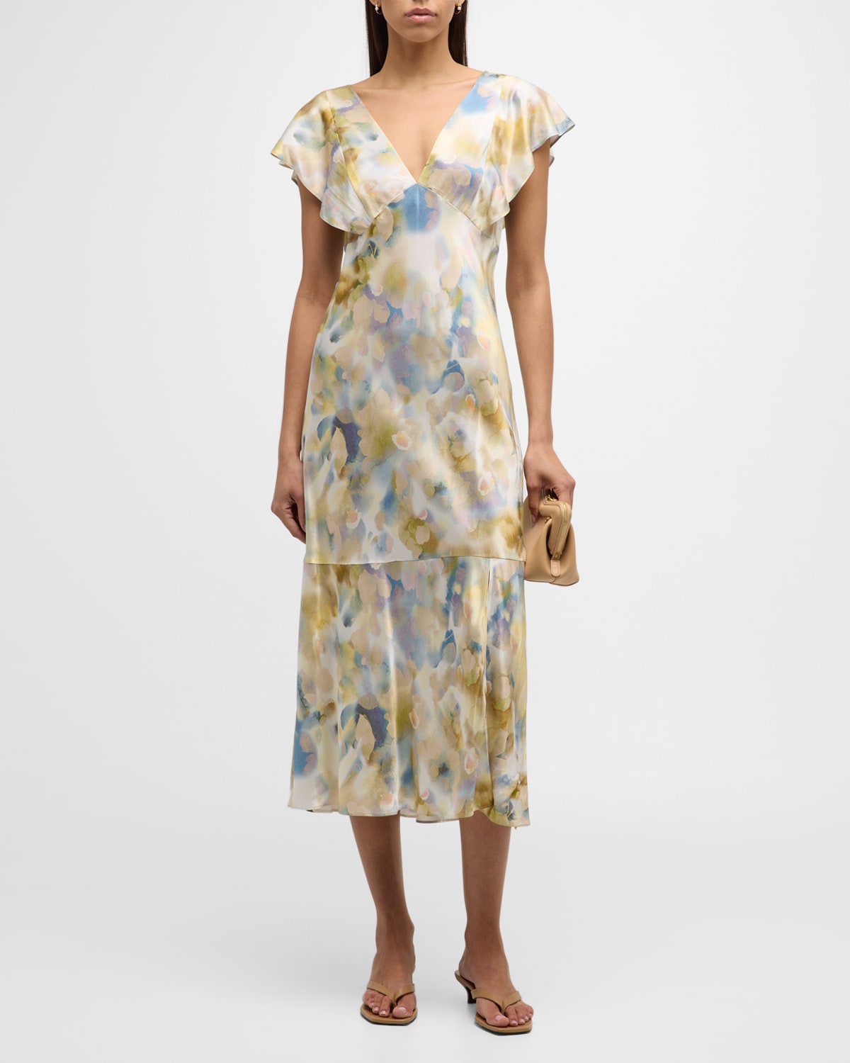 RAILS DINA DIFFUSED BLOOM FLUTTER-SLEEVE MIDI DRESS