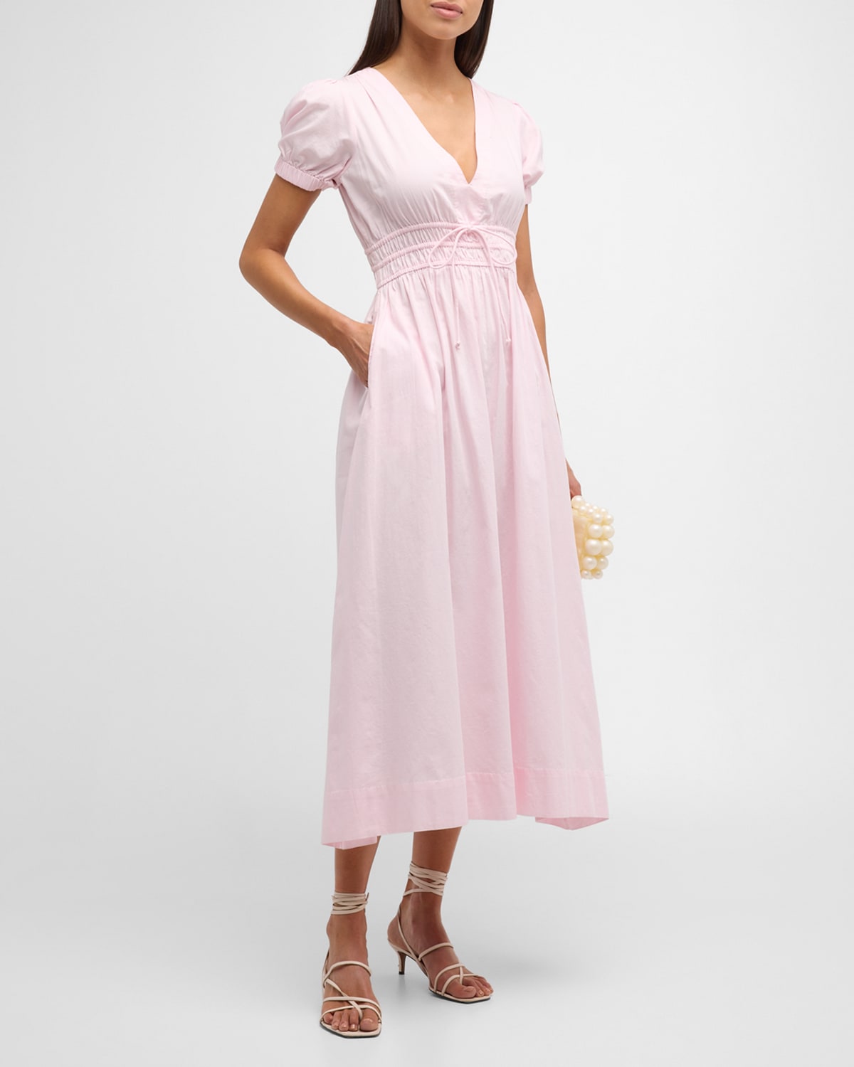 Shop Loveshackfancy Sabela Puff-sleeve Cotton Poplin V-neck Midi Dress In Pink Lotus