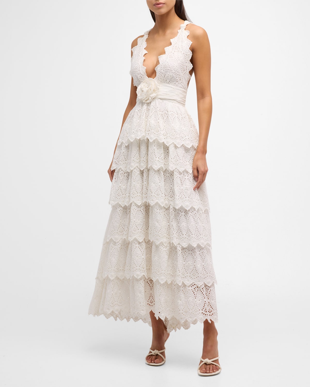Shop Loveshackfancy Nevis Embroidered Cutwork Sleeveless Plunge Fit & Flare Midi Dress In Off White