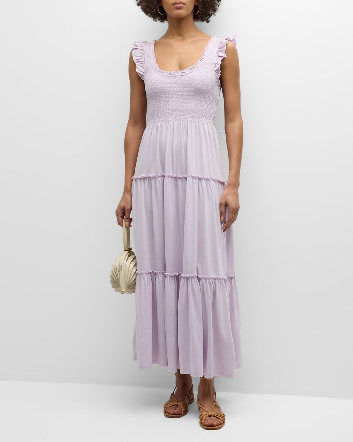 Shop Loveshackfancy Chessie Smocked Flutter-sleeve Tiered Midi Dress In Lilac Bloom